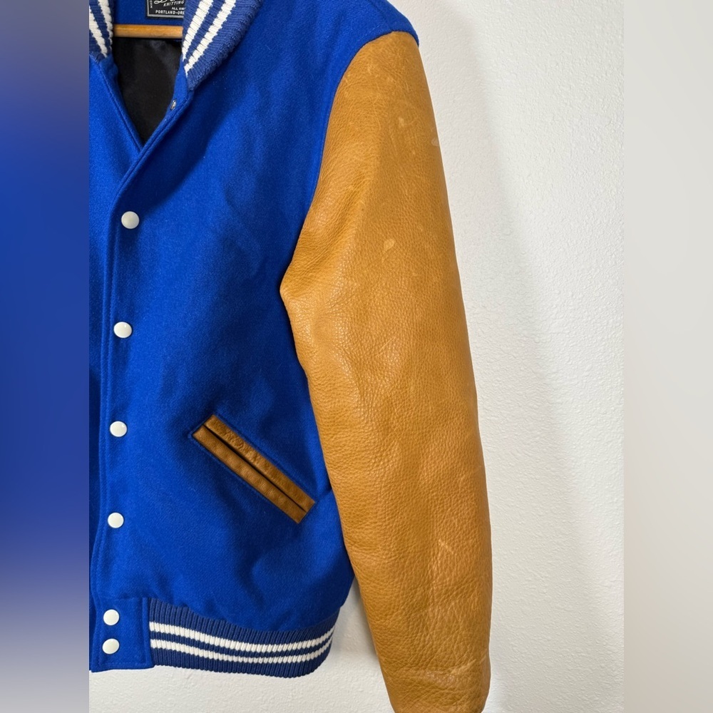 Dehen 1920 Blue And Brown Varsity Jacket Wool And Leather Medium $695 Retail - Picture 4 of 11
